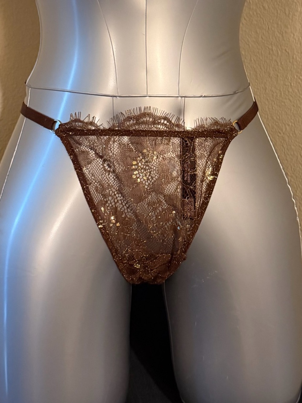 Victoria's Secret Brown Lace Thong with Gold Accents